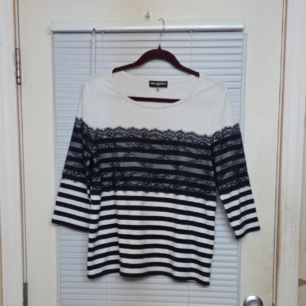 Karl Lagerfeld Black and White Stripe With Blue Lace Striped Top